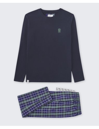 Pijama largo de hombre con camiseta azul marino y pantalón a la plana de cuadros grandes - Pijama combinado Kive