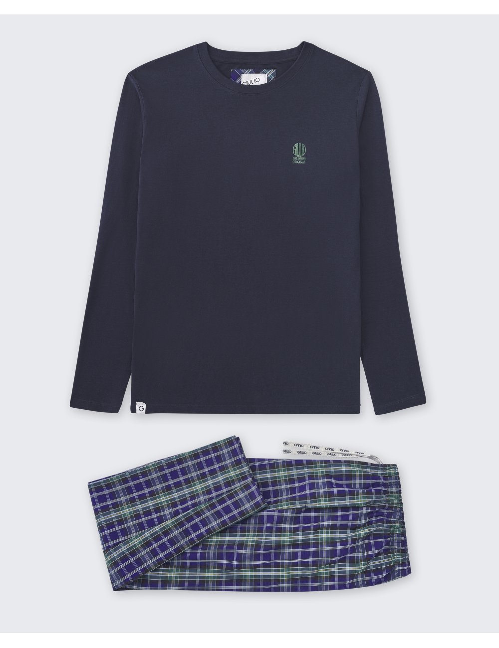 Pijama largo de hombre con camiseta azul marino y pantalón a la plana de cuadros grandes - Pijama combinado Kive Pijama largo de hombre con camiseta azul marino y pantalón a la plana de cuadros grandes - Pijama combinado Kive