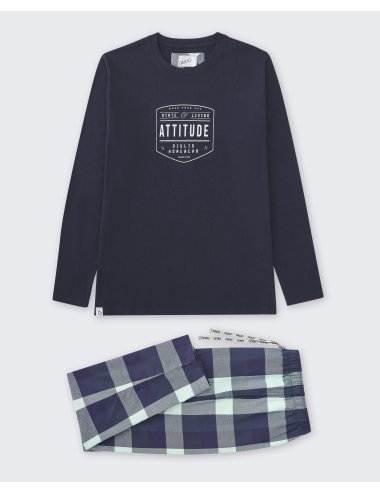 Pijama largo de hombre con camiseta azul con estampado y pantalón viella de cuadros en tonos azules - Pijama combinado Mauri