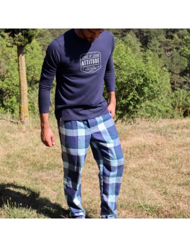 Pijama largo de hombre con camiseta azul con estampado y pantalón viella de cuadros en tonos azules - Pijama combinado Mauri