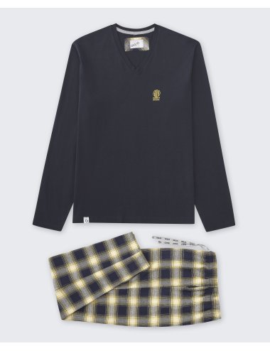 Pijama largo de hombre con camiseta azul marino y pantalón de franela de cuadros grandes en amarillo y azul - Pijama combinado P