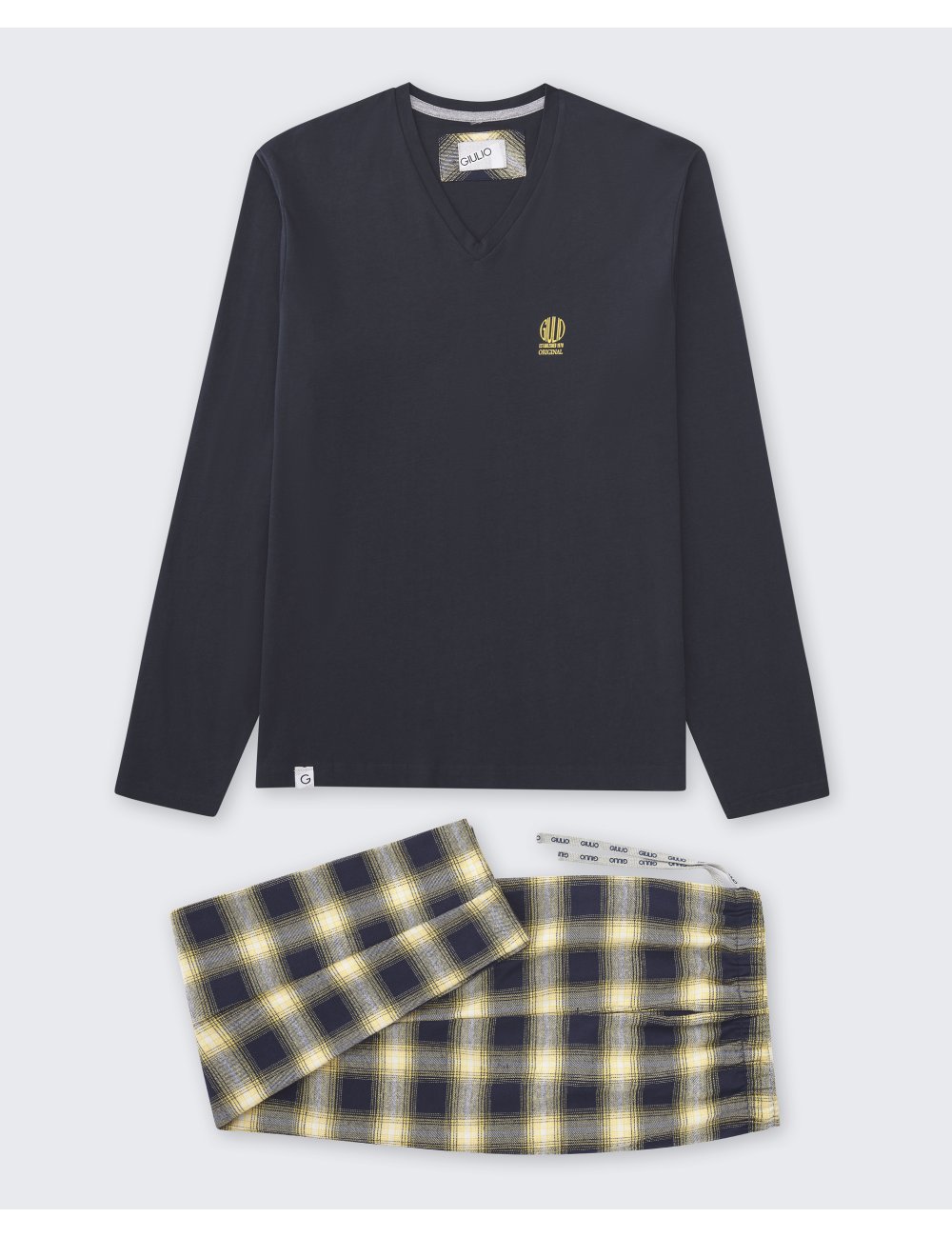 Pijama largo de hombre con camiseta azul marino y pantalón de franela de cuadros grandes en amarillo y azul - Pijama combinado P Pijama largo de hombre con camiseta azul marino y pantalón de franela de cuadros grandes en amarillo y azul - Pijama combinado P