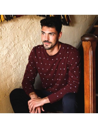 Pijama largo de punto de hombre con camiseta granate y pantalón básico en azul marino - Pijama de punto Rider