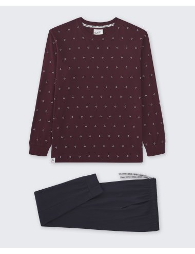 Pijama largo de punto de hombre con camiseta granate y pantalón básico en azul marino - Pijama de punto Rider