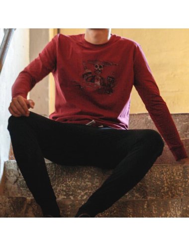 Pijama largo de punto de hombre con camiseta granate con estampado y pantalón básico en negro - Pijama de punto Vesper