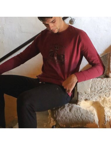 Pijama largo de punto de hombre con camiseta granate con estampado y pantalón básico en negro - Pijama de punto Vesper