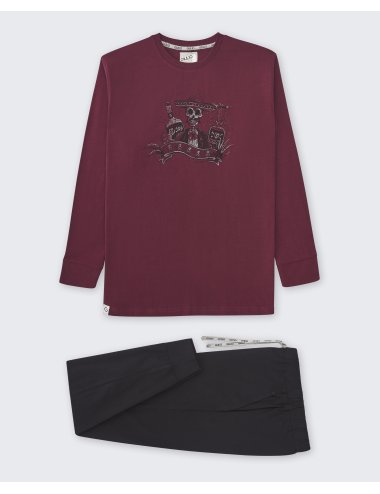 Pijama largo de punto de hombre con camiseta granate con estampado y pantalón básico en negro - Pijama de punto Vesper