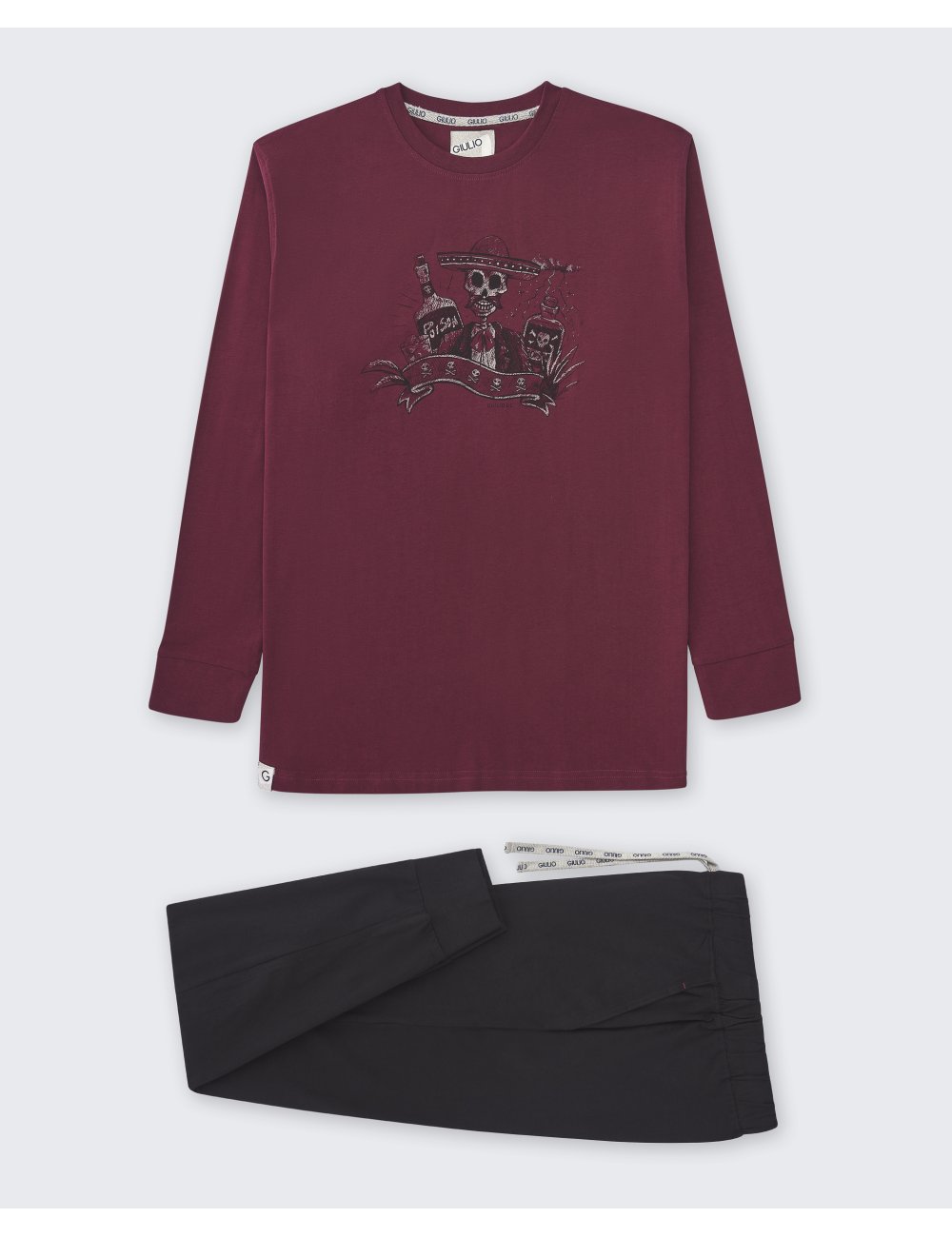 Pijama largo de punto de hombre con camiseta granate con estampado y pantalón básico en negro - Pijama de punto Vesper Pijama largo de punto de hombre con camiseta granate con estampado y pantalón básico en negro - Pijama de punto Vesper