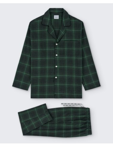 Pijama camisero largo clásico de hombre en viella con diseño de cuadros en verde - Pijama camisero Fred