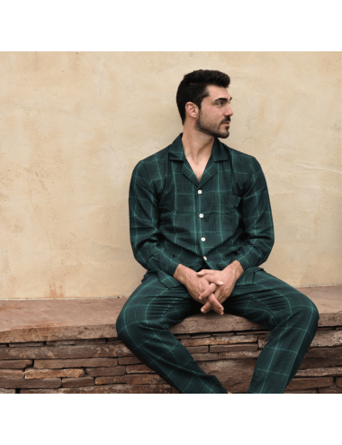 Pijama camisero largo clásico de hombre en viella con diseño de cuadros en verde - Pijama camisero Fred