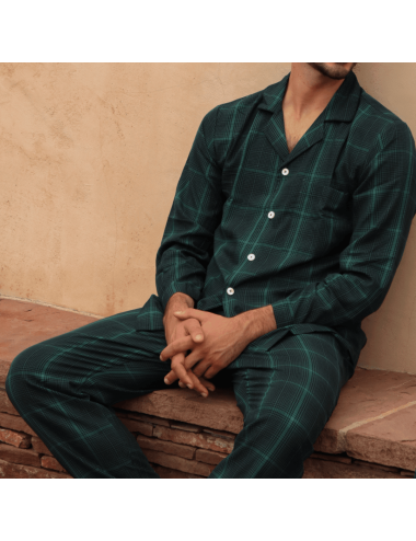 Pijama camisero largo clásico de hombre en viella con diseño de cuadros en verde - Pijama camisero Fred