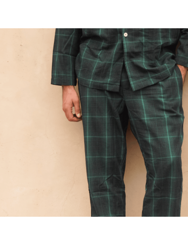 Pijama camisero largo clásico de hombre en viella con diseño de cuadros en verde - Pijama camisero Fred