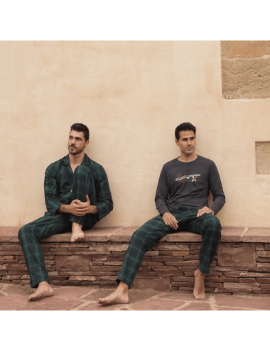 Pijama camisero largo clásico de hombre en viella con diseño de cuadros en verde - Pijama camisero Fred