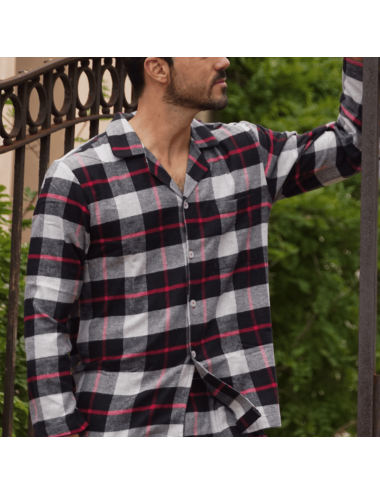 Men's flannel buttoned shirt collar long pajamas - Giulio classic pajamas set Hug