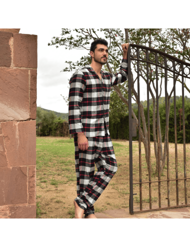 Men's flannel buttoned shirt collar long pajamas - Giulio classic pajamas set Hug