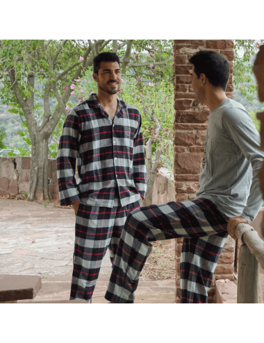 Men's flannel buttoned shirt collar long pajamas - Giulio classic pajamas set Hug