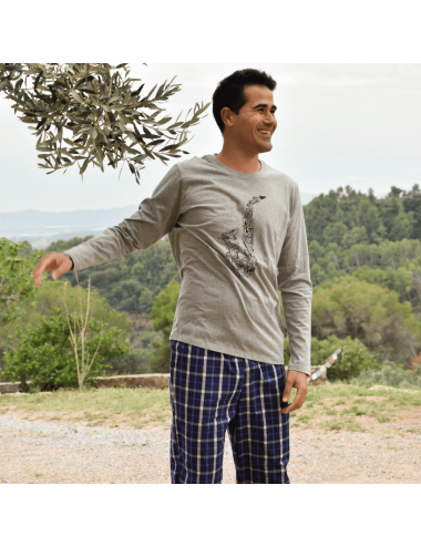 Pijama largo de hombre con camiseta gris y pantalón a la plana de cuadros azules - Pijama combinado Aire