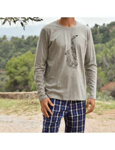 Pijama largo de hombre con camiseta gris y pantalón a la plana de cuadros azules - Pijama combinado Aire