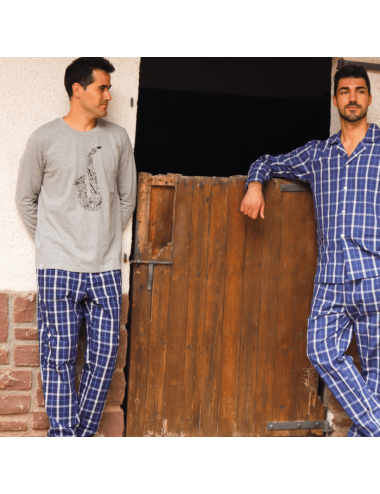 Pijama largo de hombre con camiseta gris y pantalón a la plana de cuadros azules - Pijama combinado Aire