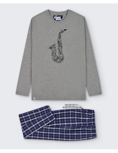 Pijama largo de hombre con camiseta gris y pantalón a la plana de cuadros azules - Pijama combinado Aire