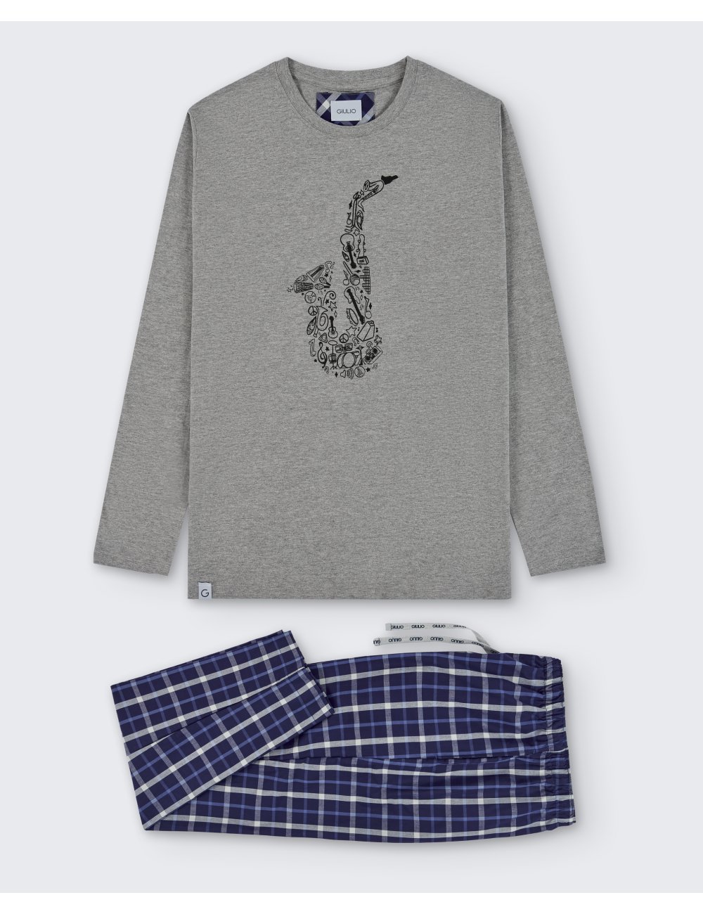 Pijama largo de hombre con camiseta gris y pantalón a la plana de cuadros azules - Pijama combinado Aire Pijama largo de hombre con camiseta gris y pantalón a la plana de cuadros azules - Pijama combinado Aire