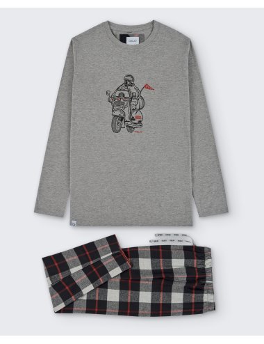 Pijama largo de hombre con camiseta gris y pantalón de franela con cuadros en blanco y negro - Pijama combinado Hug