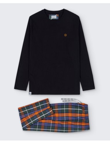Pijama largo de hombre con camiseta negra y pantalón a la plana de cuadros grandes multicolor - Pijama combinado Croft