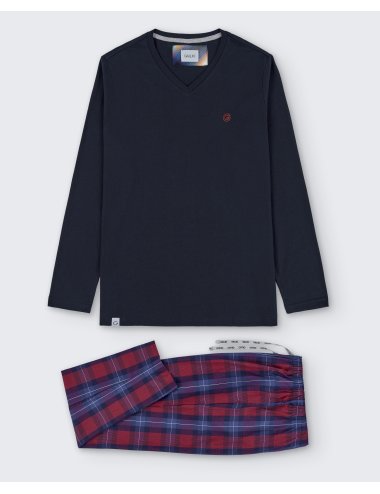 Pijama largo de hombre con camiseta azul marino y pantalón a la plana de cuadros grandes azul y rojo - Pijama combinado Baikal