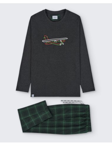 Pijama largo de hombre con camiseta gris oscuro y pantalón viella estilo escocés en verde y negro - Pijama combinado Fred