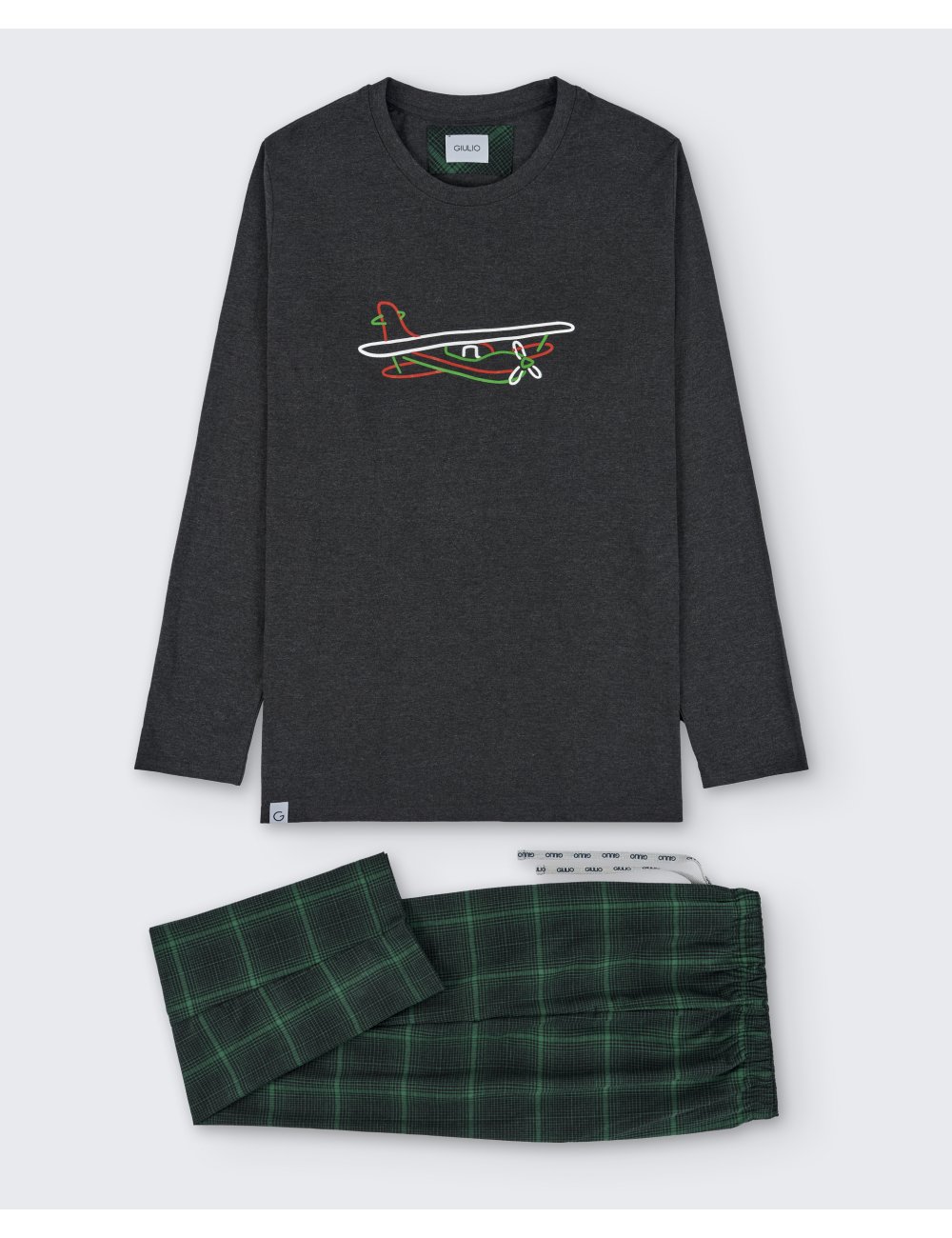 Pijama largo de hombre con camiseta gris oscuro y pantalón viella estilo escocés en verde y negro - Pijama combinado Fred Pijama largo de hombre con camiseta gris oscuro y pantalón viella estilo escocés en verde y negro - Pijama combinado Fred