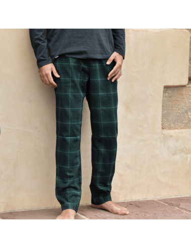Pijama largo de hombre con camiseta gris oscuro y pantalón viella estilo escocés en verde y negro - Pijama combinado Fred