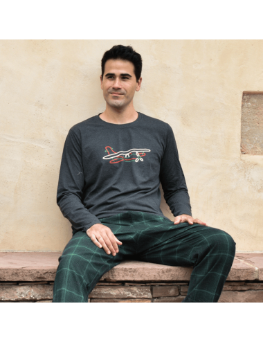 Pijama largo de hombre con camiseta gris oscuro y pantalón viella estilo escocés en verde y negro - Pijama combinado Fred