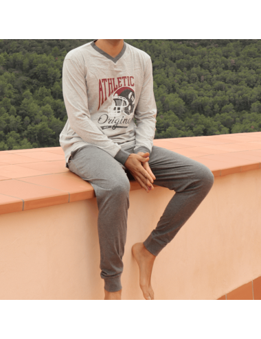 Pijama largo de punto de hombre con camiseta gris estampada y pantalón básico en gris oscuro - Pijama de punto Campus