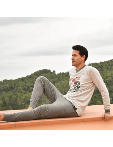 Pijama largo de punto de hombre con camiseta gris estampada y pantalón básico en gris oscuro - Pijama de punto Campus