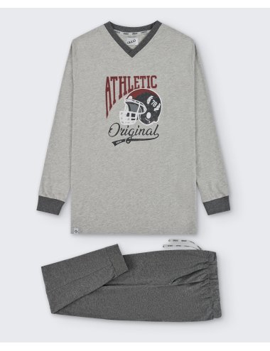 Pijama largo de punto de hombre con camiseta gris estampada y pantalón básico en gris oscuro - Pijama de punto Campus