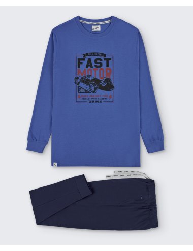 Pijama largo de punto de hombre con camiseta azul estampada y pantalón básico en azul marino - Pijama de punto Racing