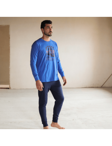 Pijama largo de punto de hombre con camiseta azul estampada y pantalón básico en azul marino - Pijama de punto Racing