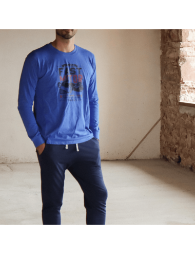 Pijama largo de punto de hombre con camiseta azul estampada y pantalón básico en azul marino - Pijama de punto Racing