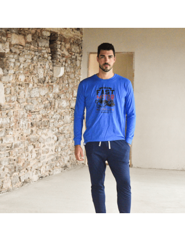 Pijama largo de punto de hombre con camiseta azul estampada y pantalón básico en azul marino - Pijama de punto Racing