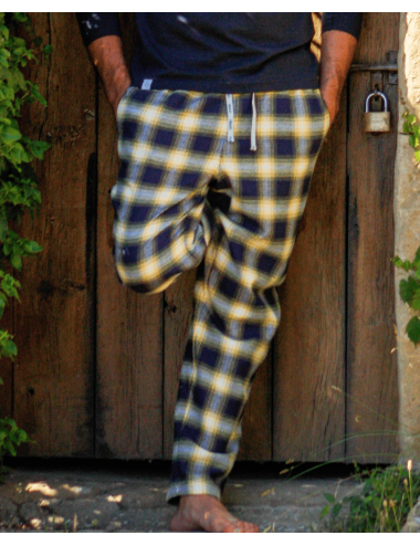 Pantalón largo de pijama de hombre a cuadros en amarillo y azul marino - Pantalón de pijama Pau