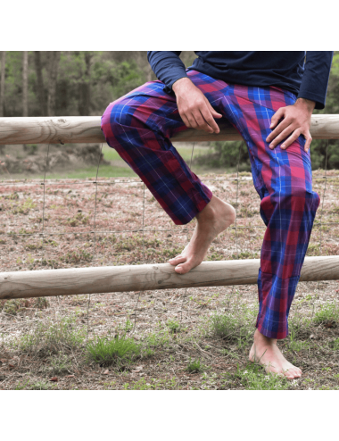 Pantalón largo de hombre a cuadros en azul y rojo a la plana estilo escocés - Pantalón de estar por casa Baikal