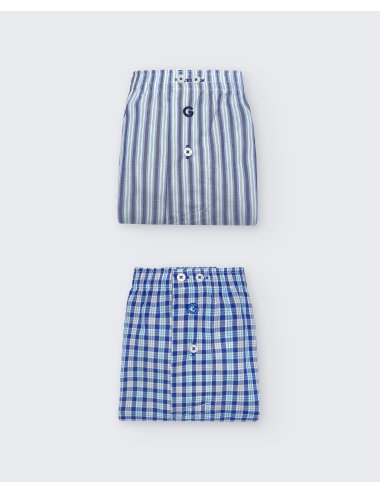 Pack de dos bóxers de tela para hombre de 100% algodón raya azul/cuadro azul - Pack 143
