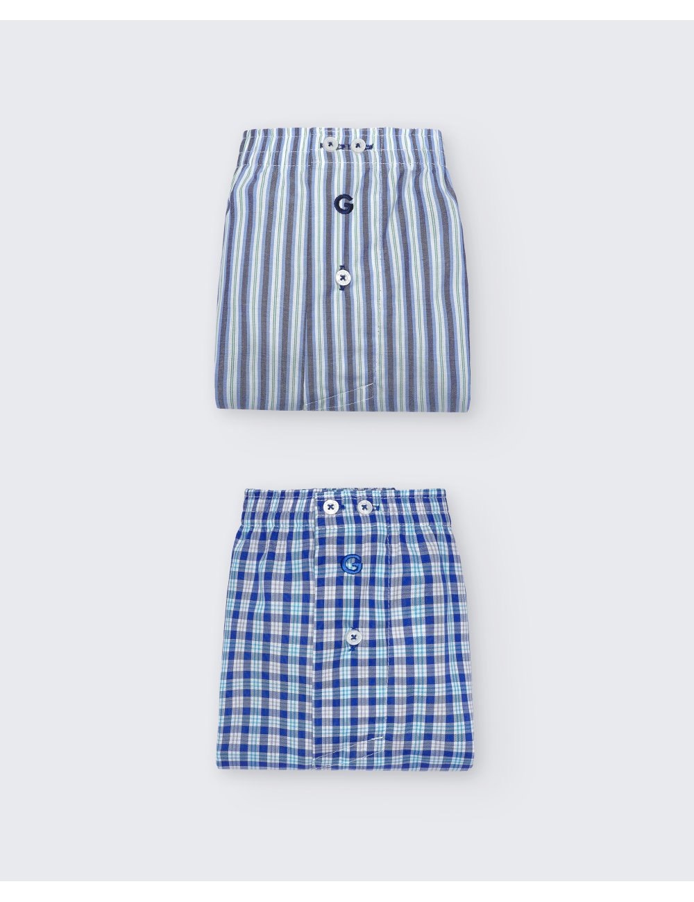 Pack de dos bóxers de tela para hombre de 100% algodón raya azul/cuadro azul - Pack 143 Pack de dos bóxers de tela para hombre de 100% algodón raya azul/cuadro azul - Pack 143