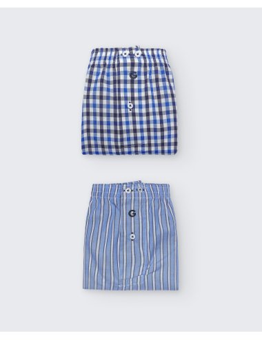 Pack de dos bóxers de tela para hombre de 100% algodón cuadro azul/raya azul - Pack 142