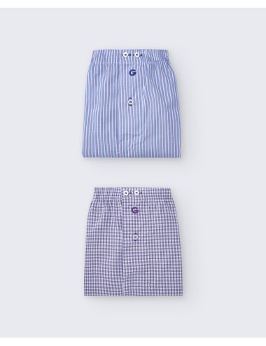 Pack de dos bóxers de tela para hombre de 100% algodón raya azul y fucsia / cuadro morado - Pack 138