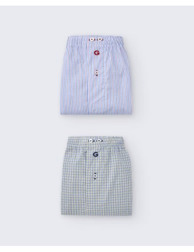 Pack de dos bóxers de tela para hombre de 100% algodón raya azul/cuadro azul y amarillo - Pack 139