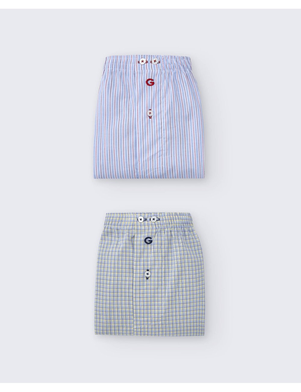 Pack de dos bóxers de tela para hombre de 100% algodón raya azul/cuadro azul y amarillo - Pack 139 Pack de dos bóxers de tela para hombre de 100% algodón raya azul/cuadro azul y amarillo - Pack 139
