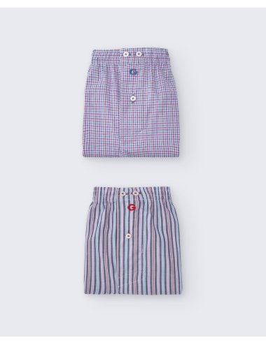 Pack de dos bóxers de tela para hombre de 100% algodón cuadro celeste y fucsia / raya azul marino - Pack 141