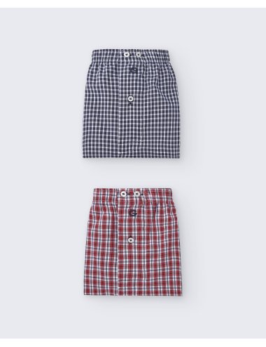 Pack de dos bóxers de tela para hombre de 100% algodón cuadro azul marino y blanco / cuadro rojo y blanco - Pack 150
