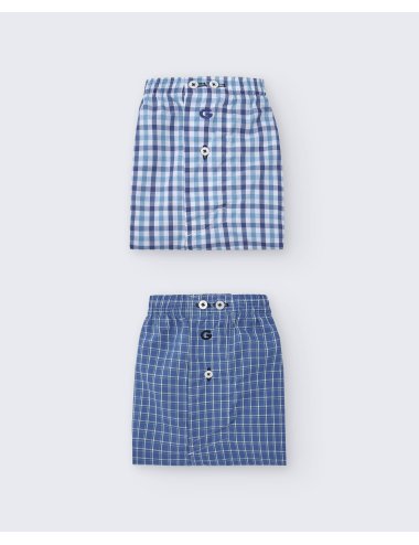 Pack de dos bóxers de tela para hombre de 100% algodón cuadro azul y blanco/ cuadro azul medio - Pack 152